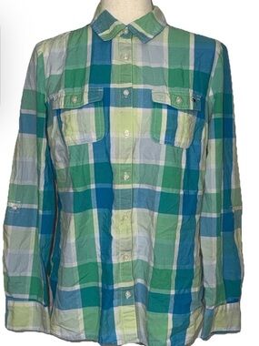 Tommy Hilfiger Blue Multi Plaid Button Front Shirt Size Large 3/4 Sleeve Cotton